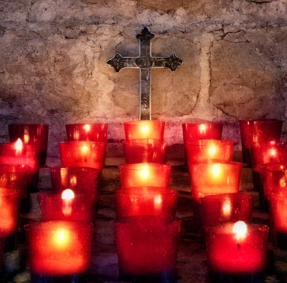 Rows of lit prayer candles