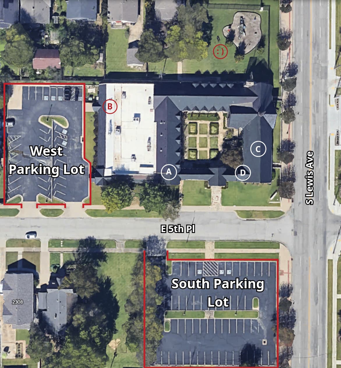Bird's-eye view map of the church property, parking, and entrances